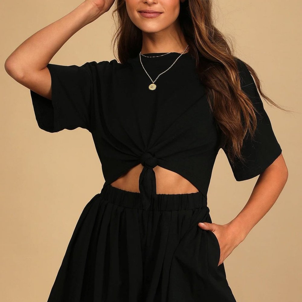 Lulus Ways to Go Black Knotted Cutout Short Sleeve Romper